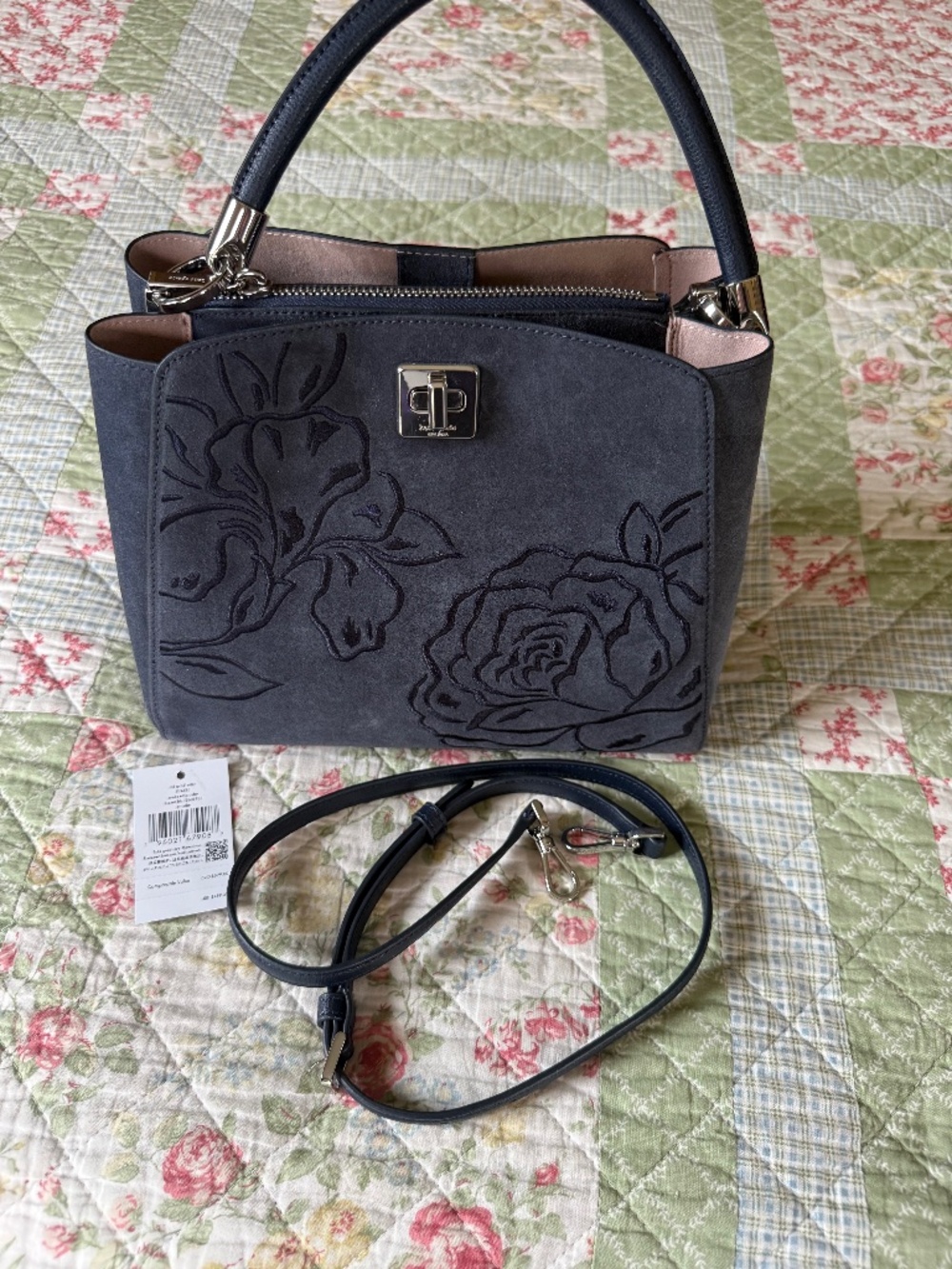 Kate Spade Phoebe Suede Embroidered Mediam Satchel Top Handle Bag Blue Blazer